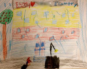 Colorful child's drawing with houses, sun, and handwritten words.